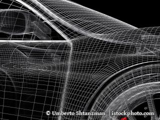 646439636-Car vehicle 3d blueprint mesh model with a red brake caliper on a black background. 3d rendered image